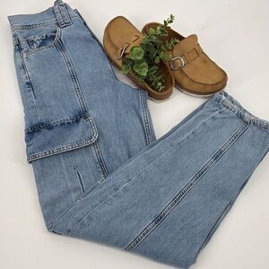 River Island UK Cargo Utility‎ High-Rise Straight Jeans Cotton Faded Blue 4 Long